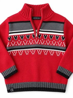 Calvin Klein Jeans Boys Red Fair Isle Quarter-Zip Sweater – Cozy Winter Knit